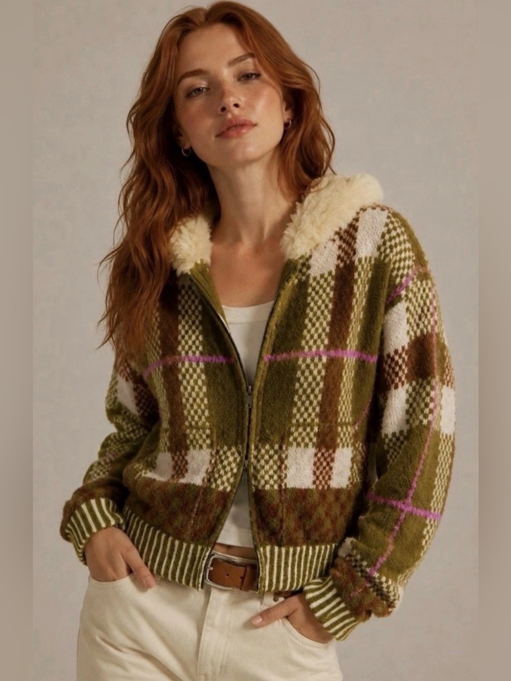 Free People Namesake Faux Fur Olive & Cream Plaid Hooded Zip Sweater